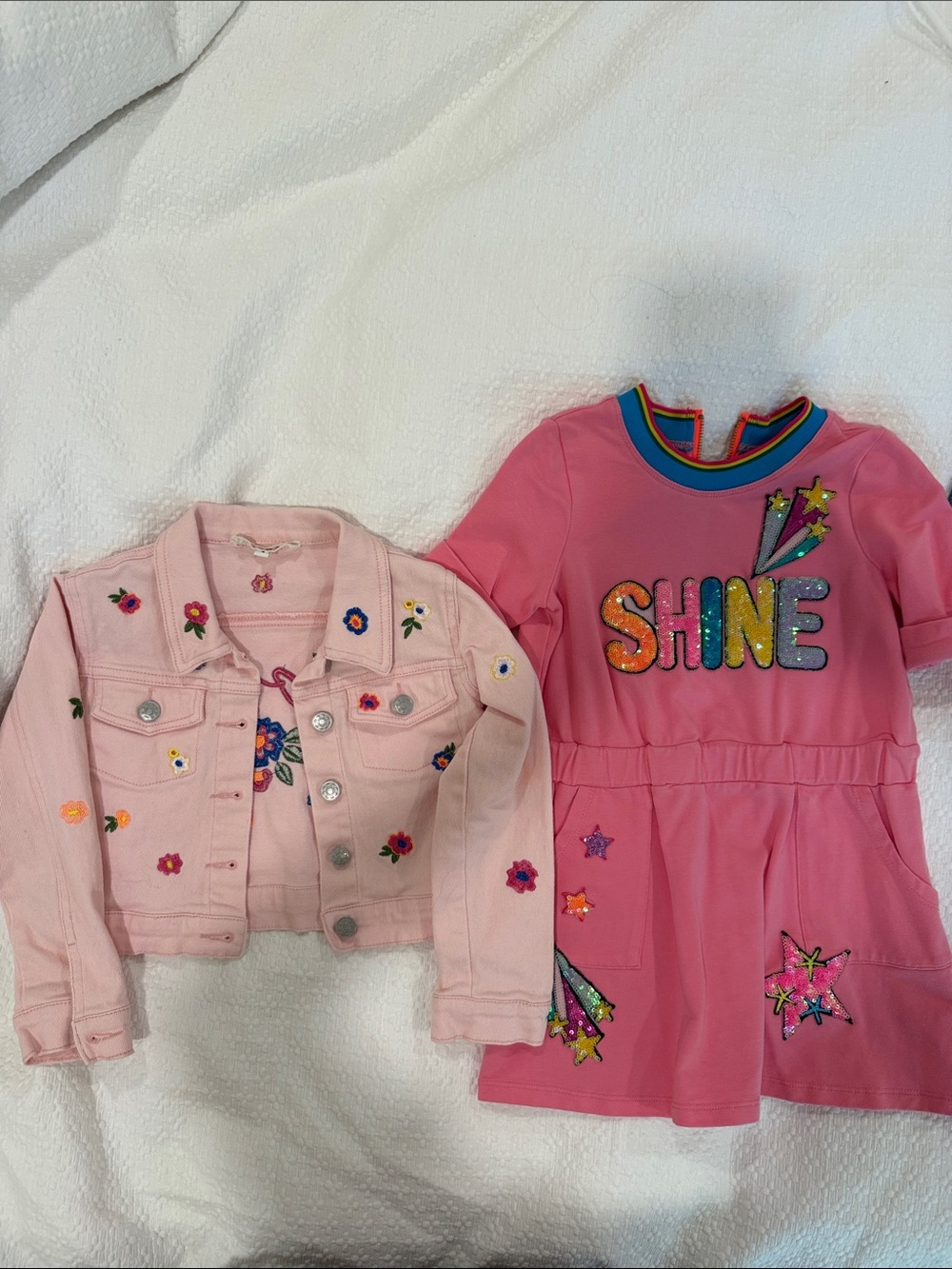 Baby Sara Girls Pink Embroidered Denim Jacket and Pink 'Shine' Dress Set bundle